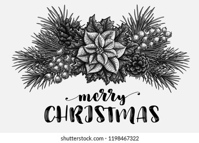 Elegant christmas black and white isolated elements on white background