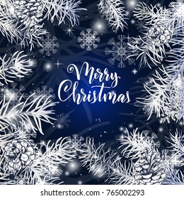 Elegant christmas blue background with hand drawn pine tree branches and cones, snowflakes and lights.Vector eps10 illustration for your design.