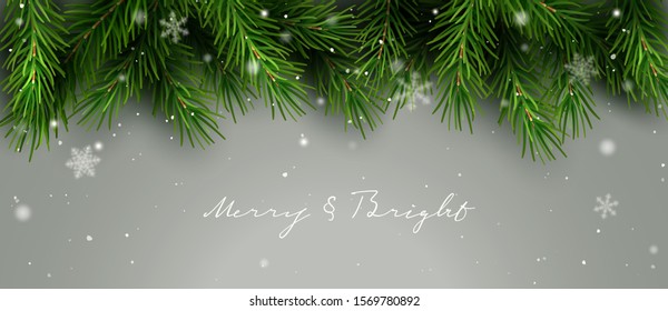 Elegant Christmas border, frame, with fir tree cuttings, snowflakes and hand lettering. Vector Illustration.