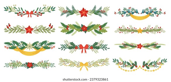 Elegant Christmas Borders Adorned With Festive Motifs Like Holly Berry, Mistletoe, Fir Tree Branches and Bows. Holiday Decorative Garlands That Capture The Magic Of Season. Cartoon Vector Illustration