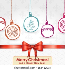 Elegant Christmas card with bow, ribbon and hand drawn globes background illustration