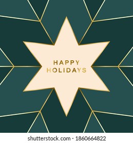 Elegant Christmas Card with Geometric Star Pattern Background. Luxury Gold Happy Holidays Text on Christmas Star Greeting Card Template. Fortuna Gold Mosaic on Tidewater Green Background