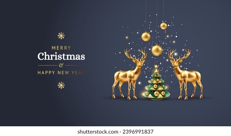 Elegant Christmas card with golden Christmas deers and Christmas tree on dark blue background, snow and golden decorations - vector illustration