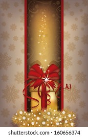 Elegant Christmas card with golden gift box, vector illustration