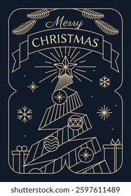Elegant Christmas card with golden line art of a stylized Christmas tree, ornaments, gifts, and a Merry Christmas banner on a dark background. Festive holiday concept. Vector illustration