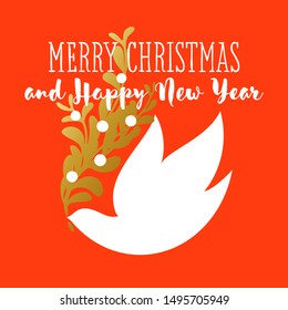 Elegant Christmas card with holiday greetings and white dove holding mistletoe bunch