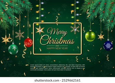 Elegant Christmas Card with Ornaments and Pine Branches on Dark Green Background
