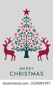 Elegant Christmas card with reindeer, trees, snowflakes, and festive holiday greeting.