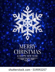 Elegant Christmas card with shining snowflake and bokeh lights on dark background. Vector.