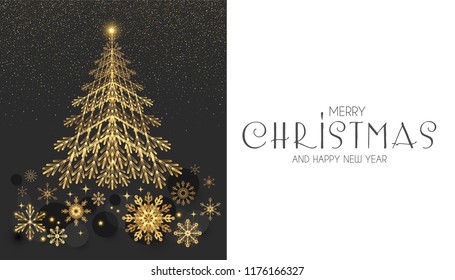 Elegant Christmas Card Template with Gold Fir Tree and Snowflakes. Vector illustration