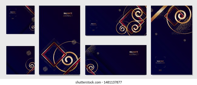 Elegant Christmas card templates set. Collection of romantic invitations with gold abstraction background line color