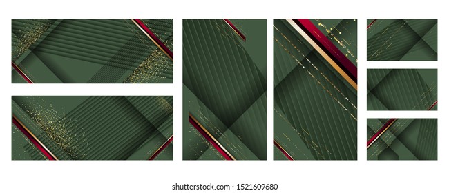 Elegant Christmas card templates set. Collection of romantic invitations with gold abstraction background lines