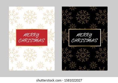 Elegant Christmas celebration cards with gold snowflakes on the white and black backgrounds. Winter festive posters, banners, postcards. A4 / A5 standard scaled size. Vector illustration