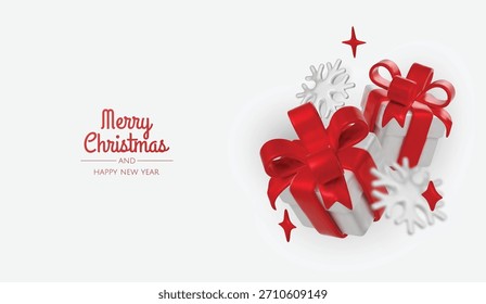 Elegant Christmas composition with gift boxes, red bows and winter decorative elements.
