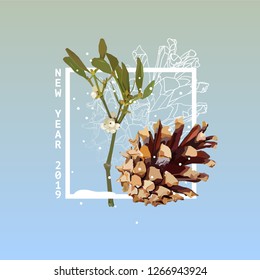 Elegant Christmas composition in a square frame with a cone and mistletoe in low poly style