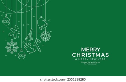  Elegant Christmas Decoration Banner Background with ornament hanging line Elements on green background