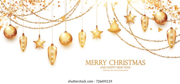 Elegant Christmas Decoration. Realistic Holiday Golden Toys with Garlands and Shining Particles Isolated on White Background. Ball, Star and Bow. Vector illustration