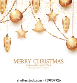Elegant Christmas Decoration. Realistic Holiday Golden Toys with Garlands and Shining Particles Isolated on White Background. Ball, Star and Bow. Vector illustration