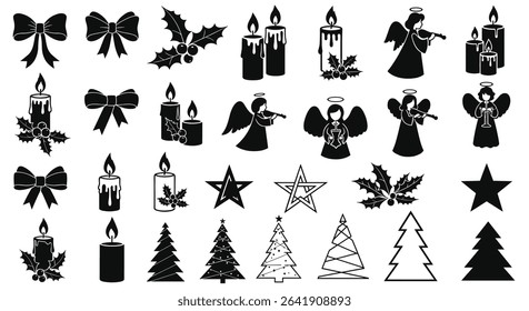 Elegant Christmas Decorations: A Collection of Festive Bows, Candles, Angels and Evergreen Tree Silhouettes