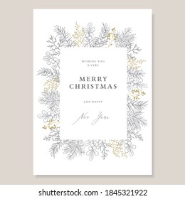 Elegant Christmas decorative vintage greeting card, invitation. Holiday frame. Hand drawn fir, yew tree branches and pine cones with cranberries. Golden and grey floral engraving illustrations, winter