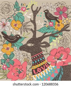 Elegant Christmas deer with sketch  flower seamless pattern background vector