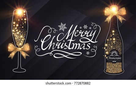 Elegant Christmas Design Template with Lettering, Champagne Glasses, Bottle of Wine, Gold Effects, Bow, and Flash light. Vector illustration