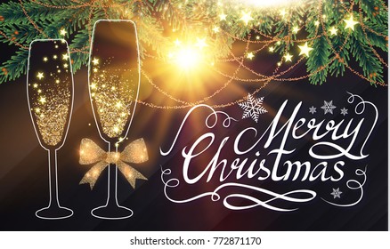 Elegant Christmas Design Template with Lettering, Champagne Glasses, Bottle of Wine, Fir Tree Branches, Gold Effects, Bow, and Flash light. Vector illustration
