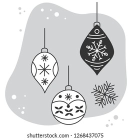 Elegant Christmas design with three decorative balls with beautiful traditional ornaments, winter snowflake and stars.Simple vector illustration in Nordic or Scandinavian style in gray,black and white