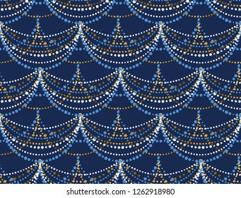 Elegant Christmas garland seamless pattern. Festive dot lines repeatable motif. Simple minimal holiday motif for fabric, wrapping paper. lights on deep blue color background. vector illustration.