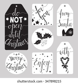 Elegant Christmas gift tag collection. Ink hand lettering. Black & White hand drawn vector illustration.