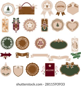 Elegant Christmas gift tag, label and badge vector collection featuring decorative frames, ribbons, ornaments, stamps, seals, hanging tags, gift labels and festive holiday design elements. Rustic Scandinavian inspired illustrations isolated on white background, ideal for packaging, branding, greeting cards, gift wrapping, printable crafts, stickers, invitations, product labels and seasonal marketing materials.