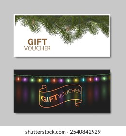 Elegant Christmas Gift vouchers with fir and garland.Vector set of Isolated templates for gift card, coupon and certificate