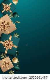 Elegant Christmas gifts with golden bows on dark green