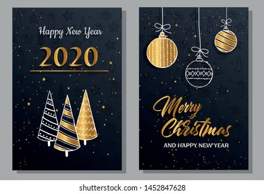 Elegant Christmas gold greeting post card 2020 with balls and tree
