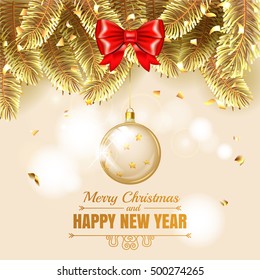 Elegant Christmas gold illustration with glass christmass ball. Elegant vector background with fir-tree branches. Happy New Year banner with golden confetti, stars and shining lights. Vector 