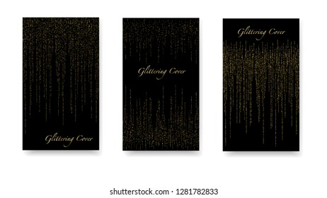 Elegant Christmas golden garlands. Set of black and gold covers, templates, printing elements, cards. Round glowing confetti, festive tinsel, magic design for polygraphy. Glowing Vector Cover.