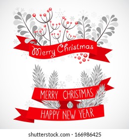 Elegant Christmas greeting banners with decorative winter elements - snowflakes, tree branches and berries