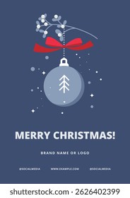 Elegant Christmas greeting card with a bauble and silver mistletoe on blue background

