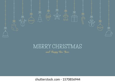 Elegant Christmas greeting card with hanging decorations and wishes. Xmas ornaments. Vector illustration