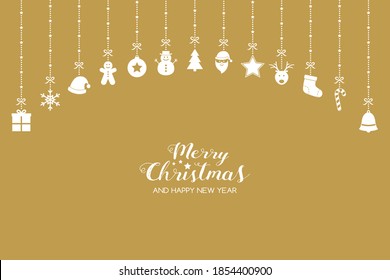 Elegant Christmas greeting card with hanging decorations and wishes. Xmas ornaments. Vector illustration
