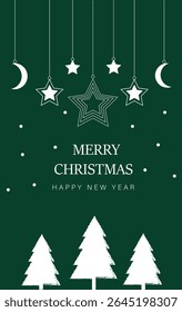 Elegant Christmas greeting card with hanging stars, crescent moons, and pine trees on a dark green background. Minimalist festive design perfect for holiday invitations and winter season decorations.