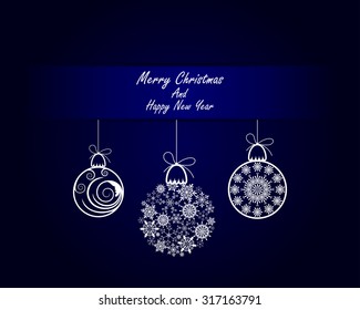 Elegant Christmas Greeting Card With Ribbons, Balls and Snowflakes on it. Blue Background with Copy Space.  Also Suitable for New Year Cute Design. Vector Illustration.