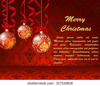 Elegant Christmas Greeting Card With Ribbons, Balls and Snowflakes on it. Damask Wallpaper Red Background with Copy Space.  Also Suitable for New Year Cute Design. Vector Illustration.