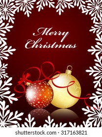 Elegant Christmas Greeting Card With Ribbons, Balls and Snowflakes on it. Dark Red Background with Copy Space.  Also Suitable for New Year Cute Design. Vector Illustration.