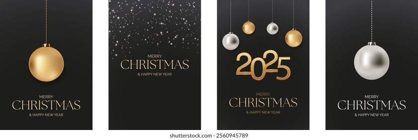 Elegant Christmas greeting card set featuring gold and silver baubles, shimmering stars, and sleek typography on a deep black background. Perfect for creating festive invitations, posters.