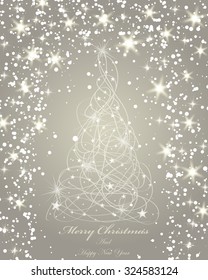 Elegant Christmas greeting card with snowflakes and fir tree on it. Sepia background with copy space.  Also suitable for New Year design.  Vector Illustration.