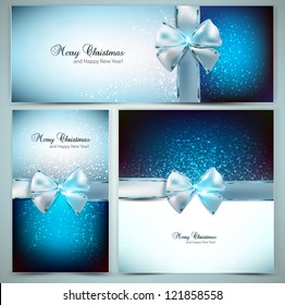 Elegant Christmas greeting cards with blue bows and place for text. Vector Illustration.