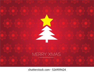 Elegant Christmas greetings card. Geometrical Christmas tree on a texture of red snowflakes on a red background with a Merry Xmas greeting text. Vector illustration graphic design.