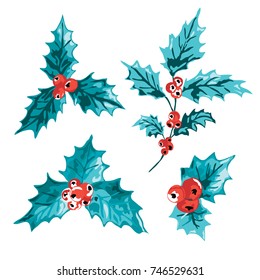 Elegant christmas hand drawn holly berries, design elements. Can be used for holiday invitations, greeting cards, scrapbooking, print, gift wrap, manufacturing. Watercolor style