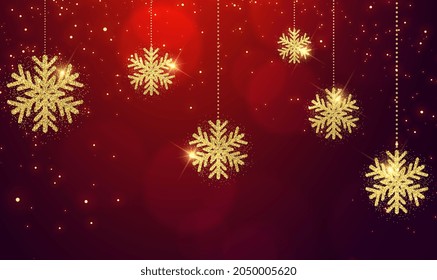 Elegant Christmas and Happy New Year Background with hanging Shining Gold Snowflakes. The dust sparks and golden stars shine with special light on red background. Shine golden snowflake. Vector EPS10